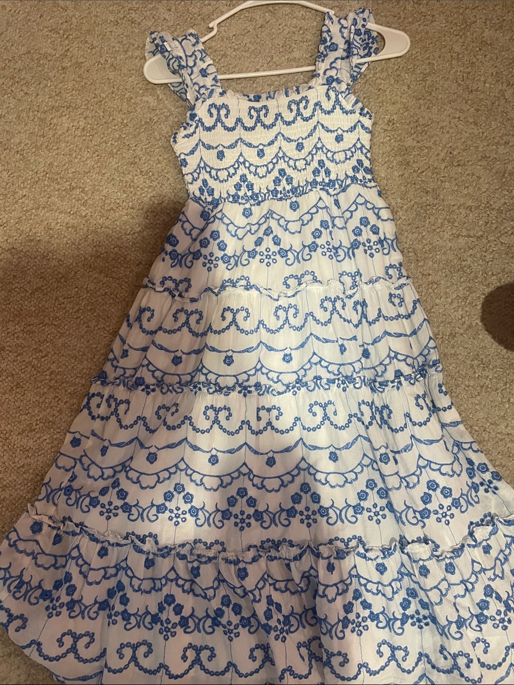 Rare Editions White and Blue Embroidered Tiered Sundress